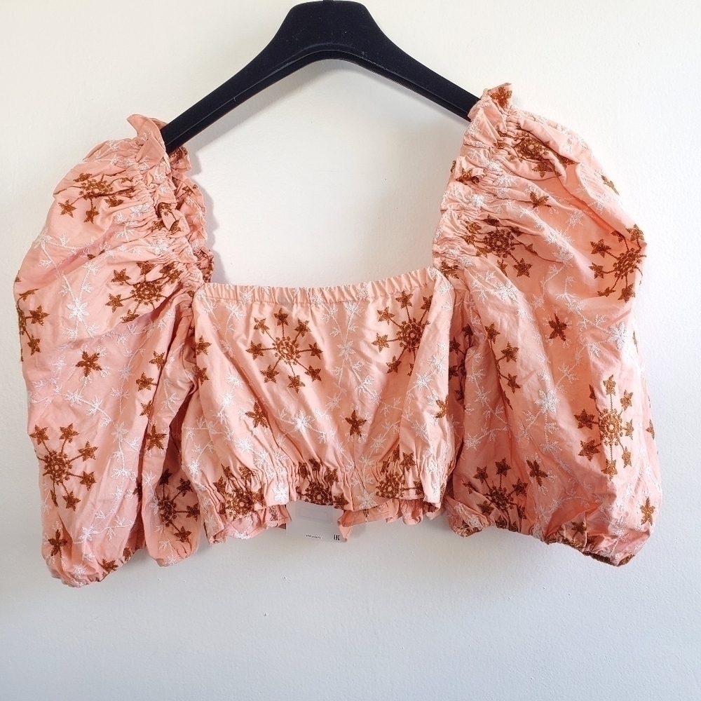 New Zara Embroidered Voluminous Puff Sleeve Cropped Top NWT Size Small - Picture 14 of 16